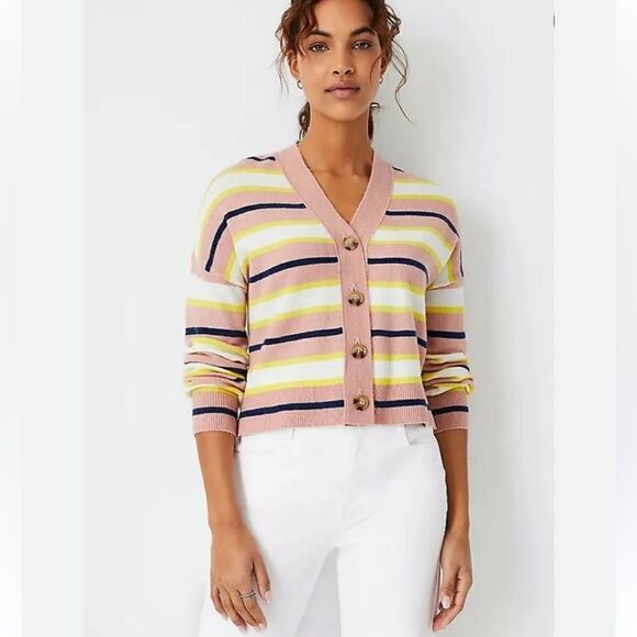 Ann Taylor Pink Navy Yellow Striped Knit Boyfriend Cardigan Sweater - Picture 1 of 16